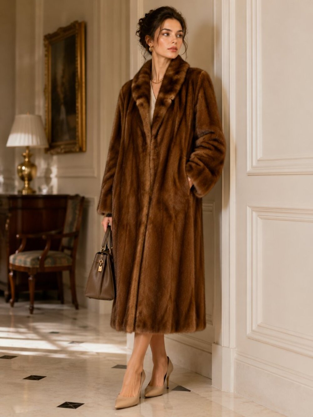 Vintage Ranch Mink Fur Coat Full Length Brown Luxury Fur Coat Womens Medium Larg